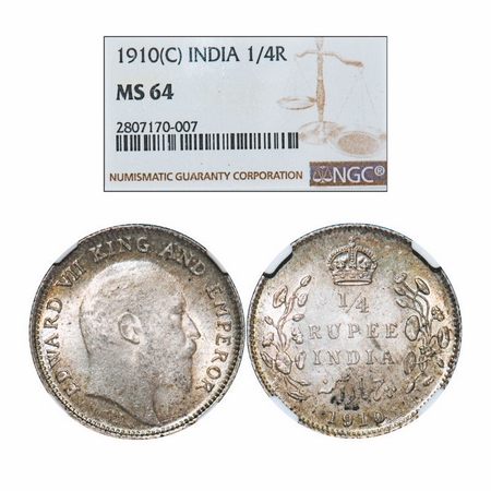 Edward VII, Silver, 1/4 Rupee, 1910, Calcutta Mint, No mint mark. GK 978. NGC Slabbed MS 6