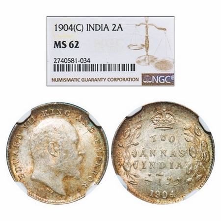 Edward VII, Silver, 2 Annas, 1904, Calcutta Mint, No mint mark. GK 981. NGC Slabbed MS 62.