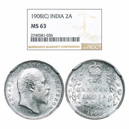Edward VII, Silver, 2 Annas, 1908, Calcutta Mint, No mint mark. GK 985. NGC Slabbed MS 63.