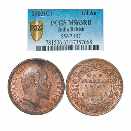 Edward VII, Copper, Quarter Anna, 1903, Calcutta Mint, No Mint mark. GK 994. PCGS Slabbed 