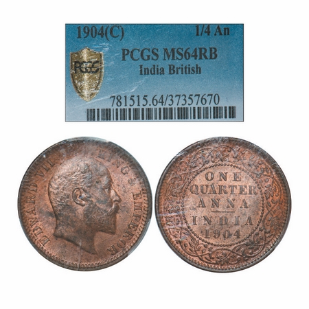 Edward VII, Copper, Quarter Anna, 1904, Calcutta Mint, No mint mark. GK 995. PCGS Slabbed 