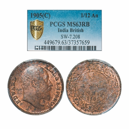 Edward VII, Copper, 1/12 Anna, 1905, Calcutta Mint, No mint mark. GK 1014. PCGS Slabbed MS