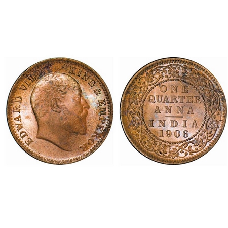 Edward VII, Copper, 6.48 gm, Quarter Anna, 1906, Calcutta Mint, No mint mark. GK 997. Bril