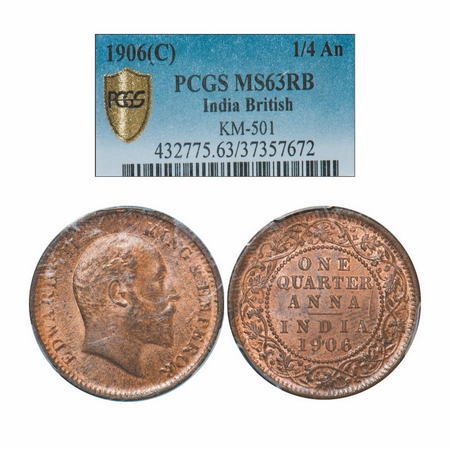 Edward VII, Copper, Quarter Anna, 1906, Calcutta Mint, No int mark. GK 997. PCGS Slabbed M