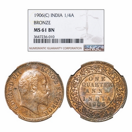 Edward VII, Bronze, Quarter Anna, 1906, Calcutta Mint, No mint mark. GK 998. NGC Slabbed M