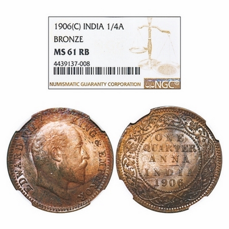 Edward VII, Bronze, Quarter Anna, 1906, Calcutta Mint, No mint mark. GK 998. NGC Slabbed M