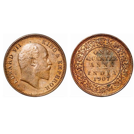 Edward VII, Bronze, Quarter Anna, 1907, Calcutta Mint, No mint mark. Ghost on Rev. GK 999.