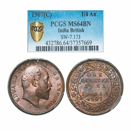 Edward VII, Bronze, Quarter Anna, 1907, Calcutta Mint, No mint mark. GK 999. PCGS Slabbed 