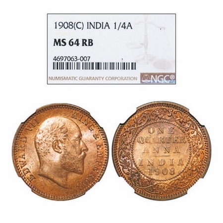 Edward VII, Bronze, Quarter Anna, 1908, Calcutta Mint, No mint mark. GK 1000. NGC Slabbed 