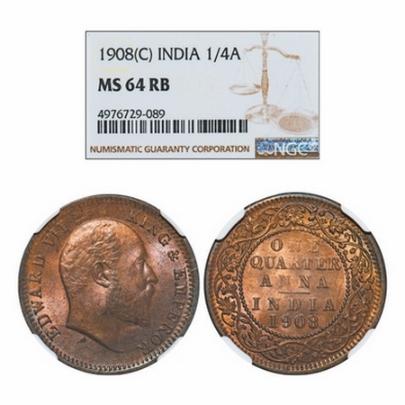 Edward VII, Bronze, Quarter Anna, 1908, Calcutta mint, No mint mark. GK 1000. NGC Slabbed 