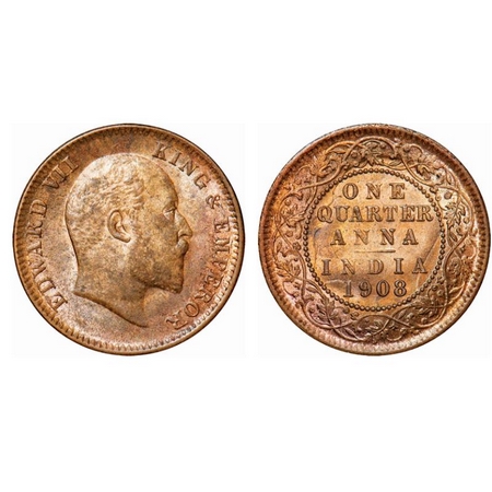 Edward VII, Bronze, Quarter Anna, 1908, Calcutta mint, No mint mark, Ghost on rev, Die cra