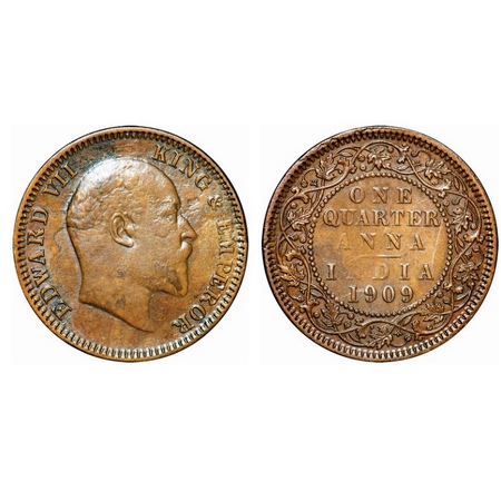 Edward VII, Bronze, Quarter Anna, 1909, Calcutta Mint, No mint mark, Ghost on Rev. GK 1001