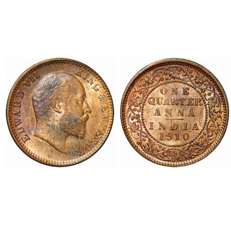 Edward VII, Bronze, Quarter Anna, 1910, Calcutta mint, No mint mark. GK 1002. Uncirculated