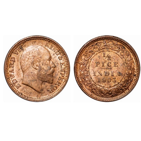 Edward VII, Copper, 1/2 Pice, 1903, Calcutta mint, No mint mark. GK 1003. Uncirculated. Ve