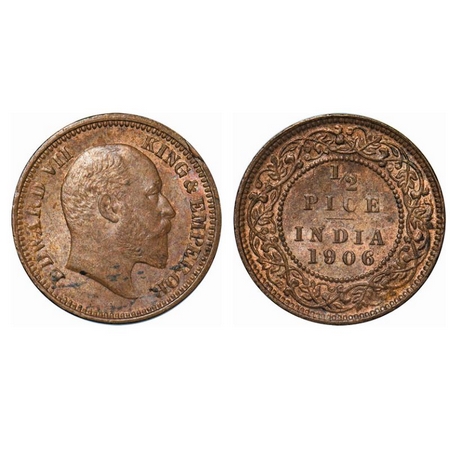 Edward VII, Copper, 3.21gm, 1/2 Pice, 1906, 1/2 Pice, Calcutta Mint, No mint mark. GK 1006