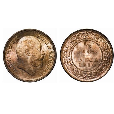 Edward VII, Bronze, 1/2 Pice, 1910, Calcutta Mint, No mint mark. GK 1011. Brilliant Uncirc