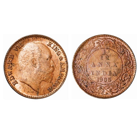 Edward VII, Copper, 1/12 Anna, 1905, Calcutta Mint, No mint mark. GK 1014. Uncirculated. V