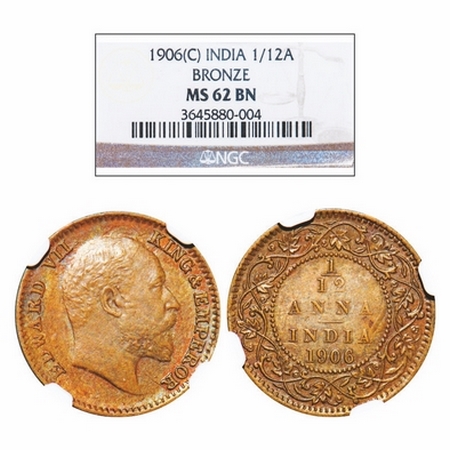 Edward VII, Bronze, 1/12 Anna, 1906, Calcutta mint, No mint mark. GK 1016. NGC Slabbed MS 
