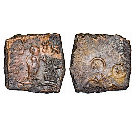 Post-Mauryan, Ujjaini Region, Copper Unit, 4.92g, 18.38x19.14mm, Obv: Female goddess stand