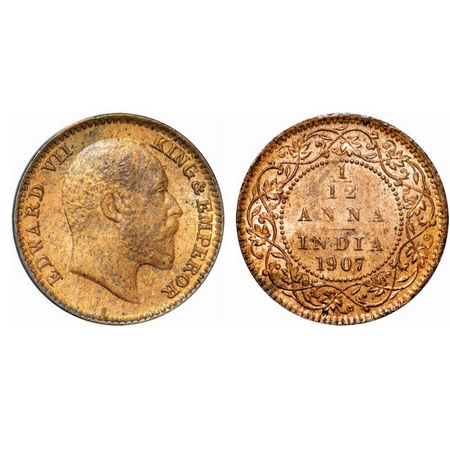 Edward VII, Bronze, 1/12 Anna, 1907, Calcutta mint, No mint mark, Die cracks on Obv. GK 10