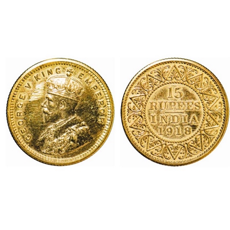 George V, Gold, Mohur, 15 Rupees, 7.97gm, 1918, Bombay Mint, Restrike Proof, Obv: Crowned 