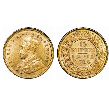 George V, Gold, Mohur, 15 Rupees, 7.98gm, 1918, Bombay Mint, Currency strike, Obv: Crowned