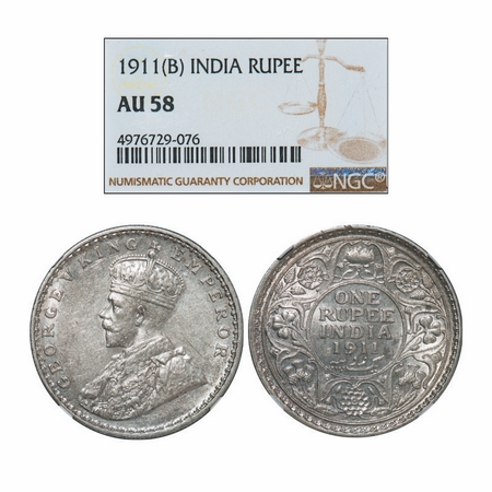 George V, Silver, Rupee, 1911, Bombay Mint, Dot, Pig-type. GK 1022. NGC Slabbed AU 58. Ver
