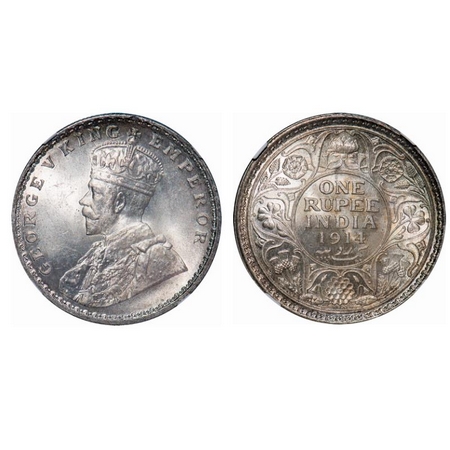 George V, Silver, Rupee, 1914, Calcutta Mint, No dot. GK 1029. NGC Slabbed MS 64. Rare.