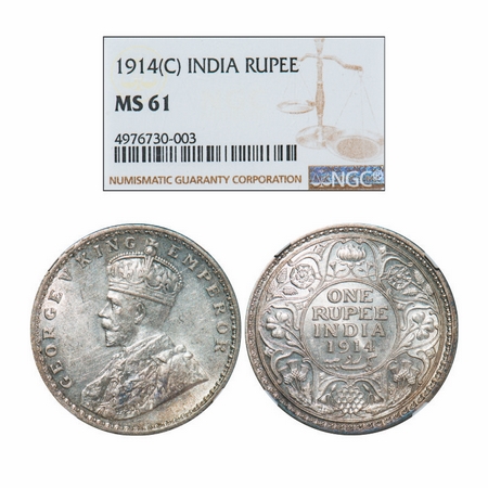 George V, Silver, Rupee, 1914, Calcutta Mint, No dot. GK 1029. NGC Slabbed MS 61. Very Sca