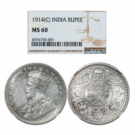 George V, Silver, Rupee, 1914, Calcutta Mint, No dot. GK 1029. NGC Slabbed MS 60. Scarce.