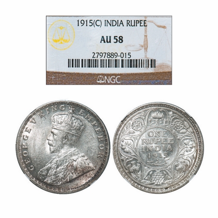 George V, Silver, Rupee, 1915, Calcutta Mint, No dot. GK 1031. NGC Slabbed AU 58. Scarce.