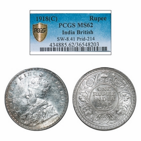 George V, Silver, Rupee, 1918, Calcutta Mint, No dot. GK 1037. PCGS Slabbed MS 62. Very Sc