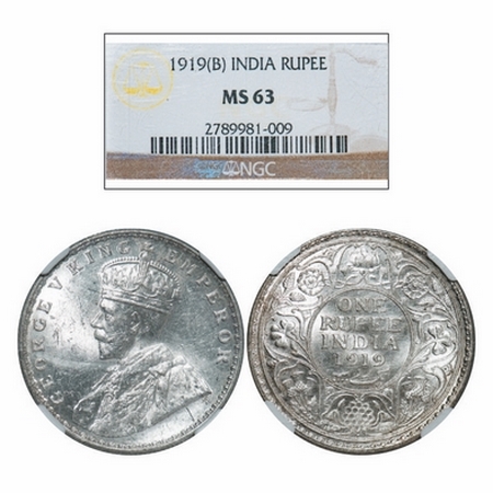 George V, Silver, Rupee, 1919, Bombay Mint, Dot. GK 1040. NGC Slabbed MS 63. Very Scarce.