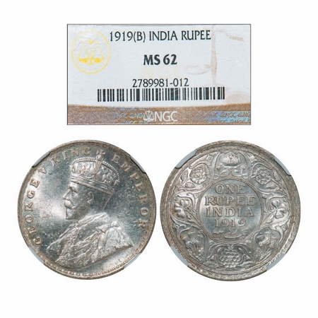 George V, Silver, Rupee, 1919, Bombay Mint, Dot. GK 1040. NGC Slabbed MS 62. Very Scarce.