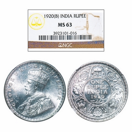 George V, Silver, Rupee, 1920, Bombay Mint, Dot. GK 1042. NGC Slabbed MS 63. Very Scarce.