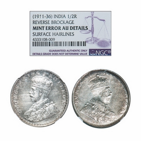 George V, Silver, Half Rupee, Error, Obv brockage. NGC Slabbed AU Details, Surface hairlin