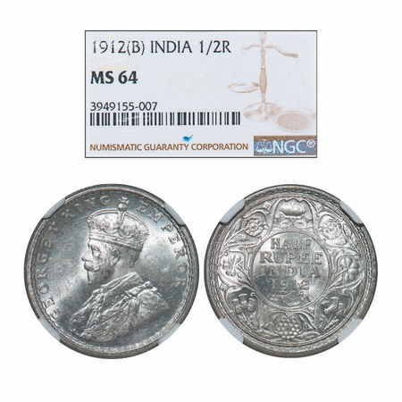 George V, Silver, Half Rupee, 1912, Bombay Mint, Dot, Redrawan Elephant. GK 1047. NGC Slab