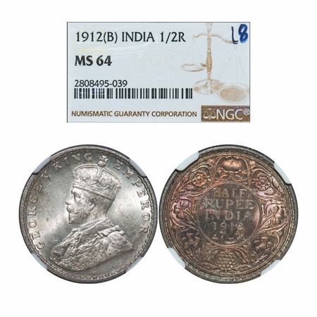 George V, Silver, Half Rupee, 1912, Bombay Mint, Dot, Redrawan Elephant. GK 1047. NGC Slab