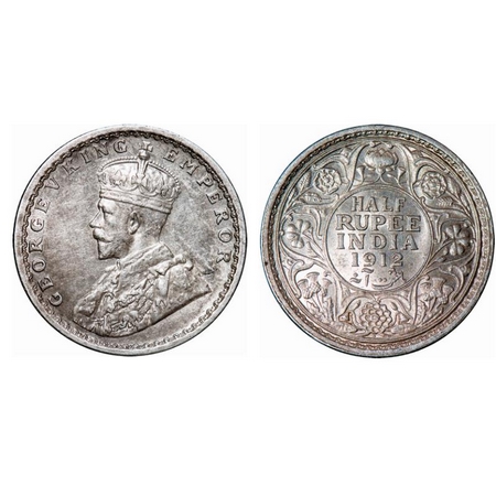 George V, Silver, Half Rupee, 1912, Bombay Mint, Dot. GK 1047. About Uncirculated. Very Sc