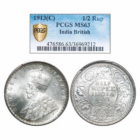 Gerorge V, Silver, Half Rupee, 1913, Calcutta Mint, No dot. GK 1048. PCGS Slabbed MS 63. V