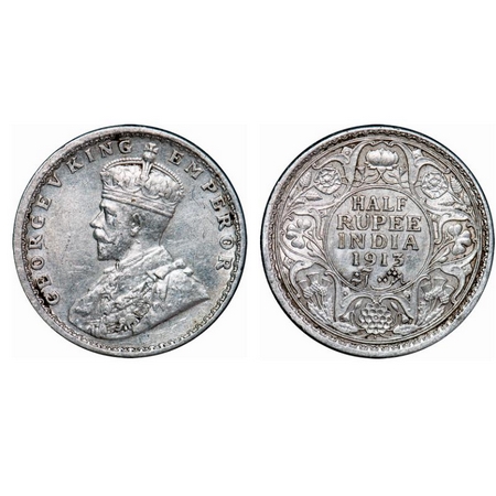 George V, Silver, Half Rupee, 1913, Bombay Mint, Dot. GK 1049. About Uncirculated, Details