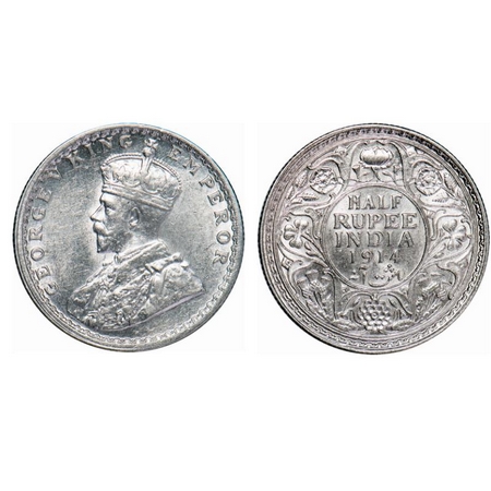 George V, Silver, Half Rupee, 1914, Calcutta Mint, No dot. GK 1050. Uncirculated. Very Sca