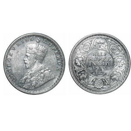 George V, Silver, Half Rupee, 1915, Calcutta Mint, No dot. GK 1052. Uncirculated. Rare.