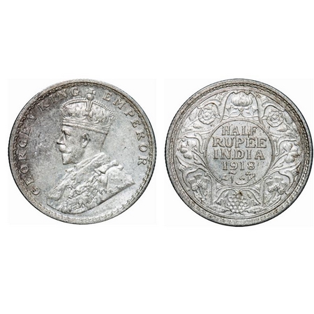 George V, Silver, Half Rupee, 1918, Bombay Mint, Dot. GK 1056. Uncirculated. Scarce.