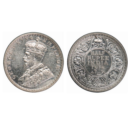 George V, Silver, Half Rupee, 1918, Bombay Mint, Dot. GK 1056. Brilliant Uncirculated. Ver