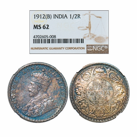 George V, Silver, Half Rupee, 1912, Bombay Mint, Dot, Redrawan Elephant. GK 1047. NGC Slab