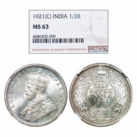 George V, Silver, Half Rupee, 1921, Calcutta Mint, No dot. GK 1058. NGC Slabbed MS 63. Rar