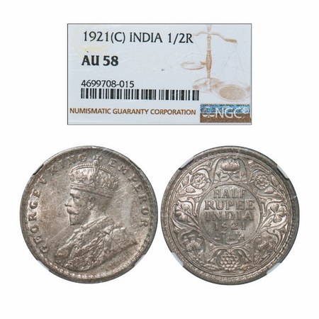 George V, Silver, Half Rupee, 1921, Calcutta Mint, No dot. GK 1058. NGC Slabbed AU 58. Sca