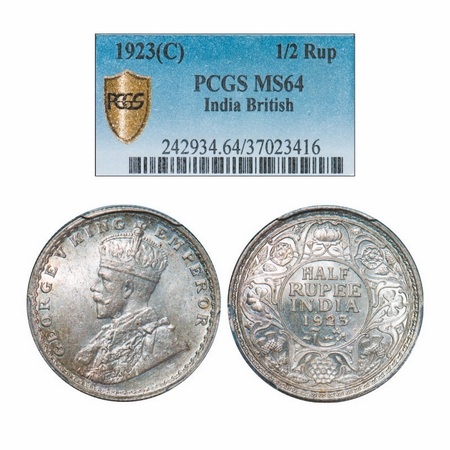 George V, Silver, Half Rupee, 1923, Calcutta Mint, No dot. GK 1061. PCGS Slabbed MS 64. Ve