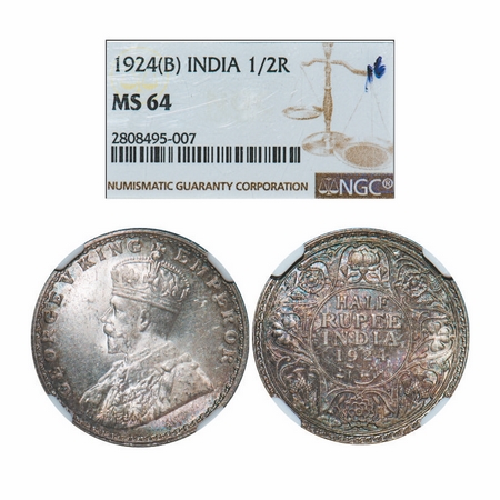 George V, Silver, Half Rupee, 1924, Bombay Mint, Dot. GK 1064. NGC Slabbed MS 64. Very Rar